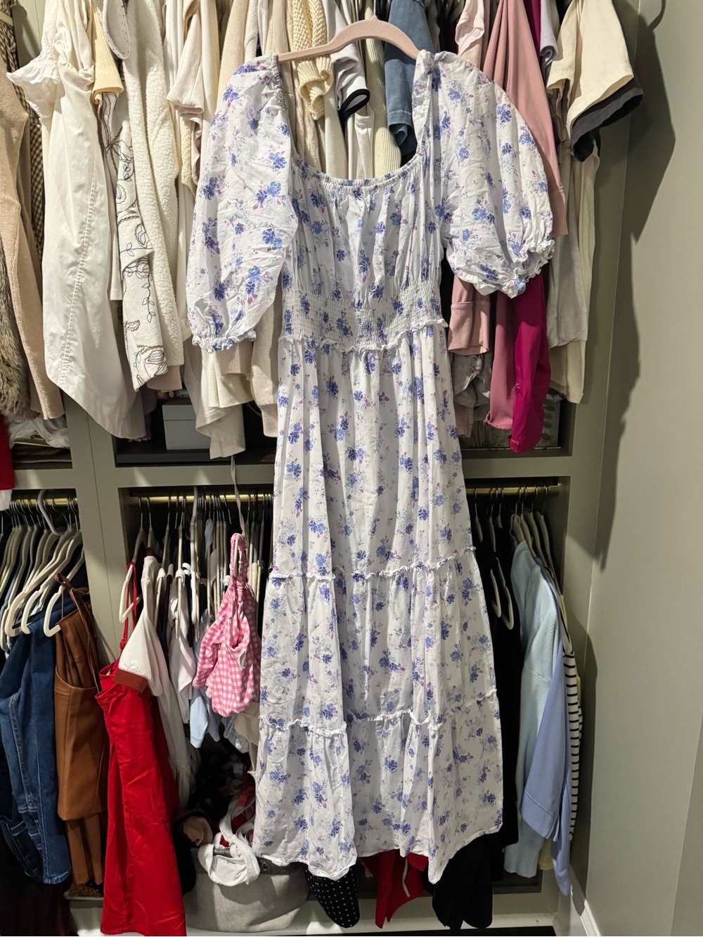 LoveShackFancy White Maxi Dress with Blue Floral Print